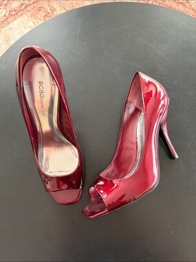 BCBGeneration Wine Red Patent Peep-Toe High Heels